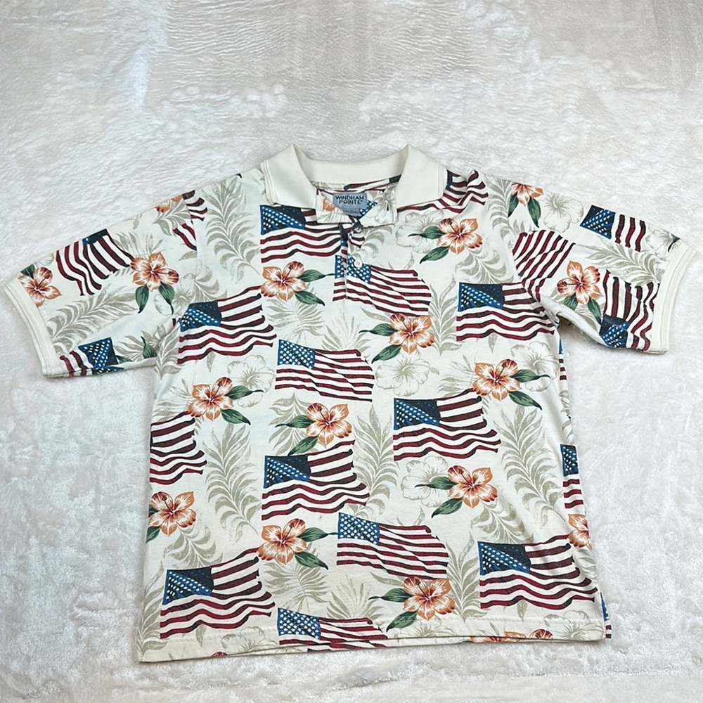 Red White and Blue Patriotic Floral Polo Shirt American Flags